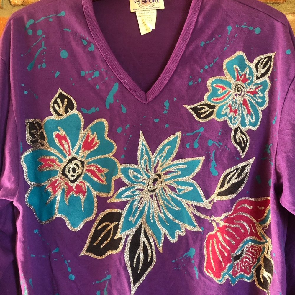 Vintage 1990s Funky Bright Floral Painted Shimmer Sweater by YS Sport - Picture 3 of 4